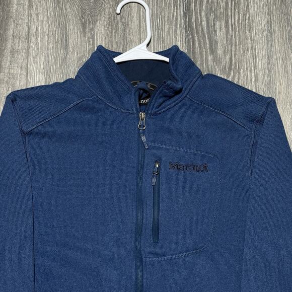 Marmot Drop Line Jacket Mens M Blue Knit Fleece Lined Polartec Full Zip Sweater - Picture 2 of 10